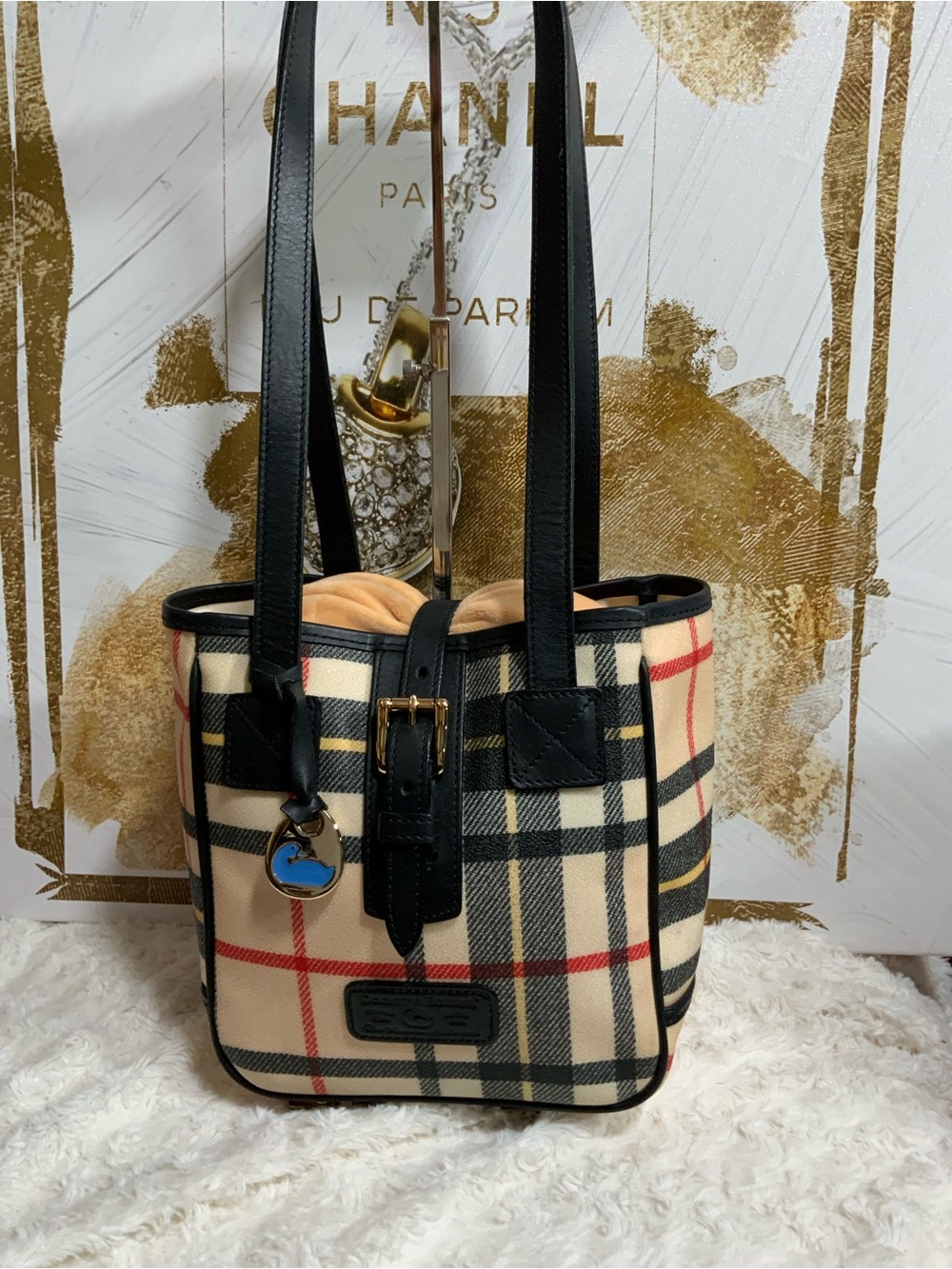 Dooney & Bourke Beige Plaid Coated Canvas Bucket Shoulder Bag with Black Trim